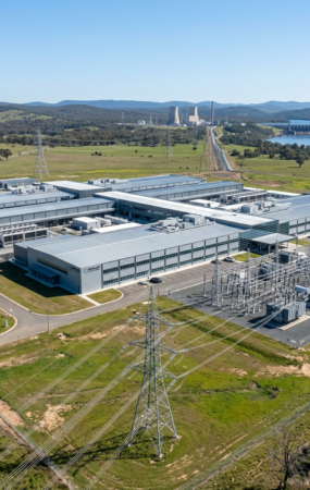 Aerial view of a large data center building with adjacent electrical substation and power transmission lines in a rural area.
