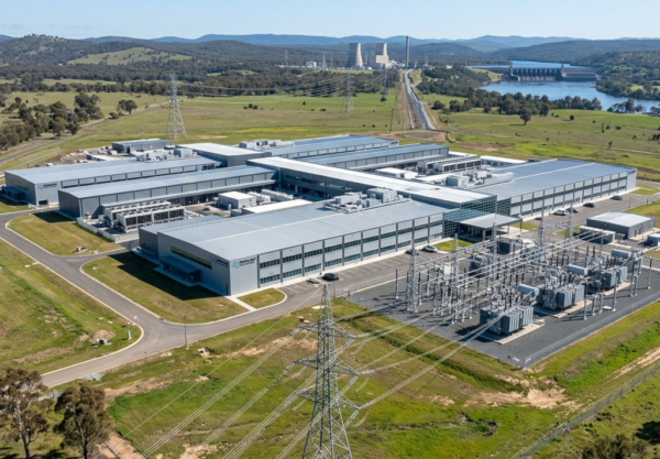 Aerial view of a large data center building with adjacent electrical substation and power transmission lines in a rural area.