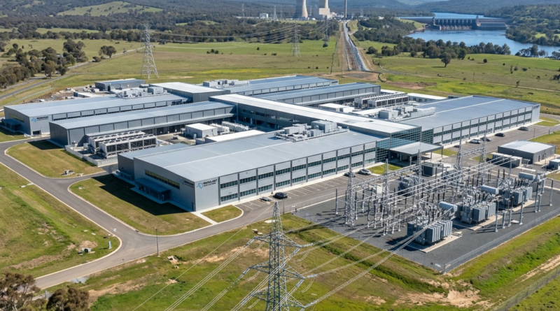 Aerial view of a large data center building with adjacent electrical substation and power transmission lines in a rural area.