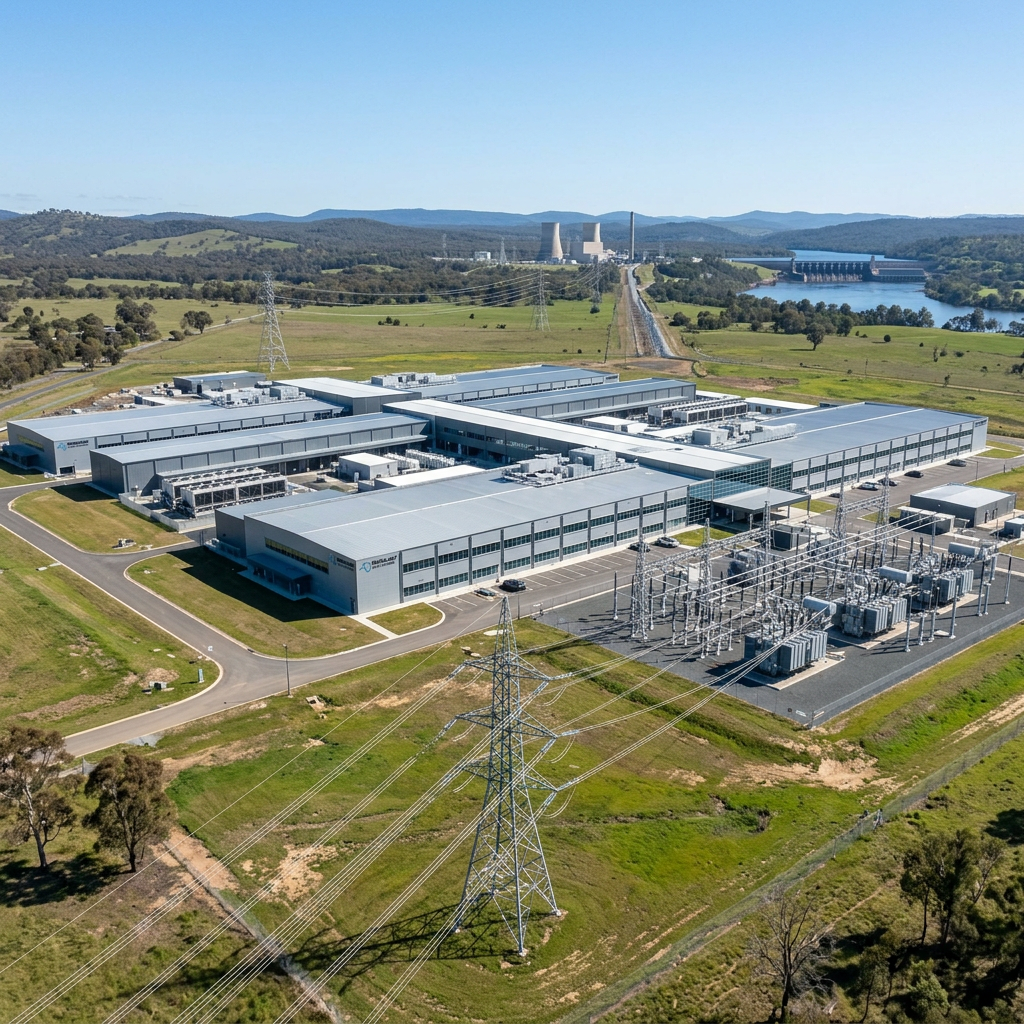 Aerial view of a large data center building with adjacent electrical substation and power transmission lines in a rural area.