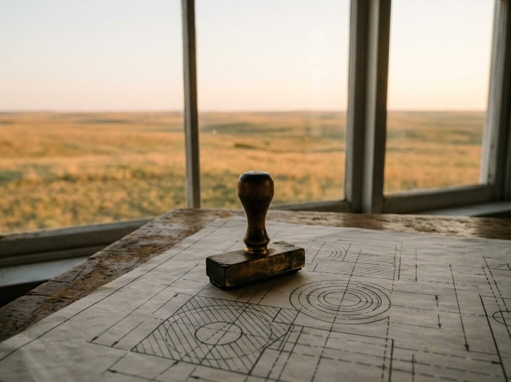 Approval stamp on a technical blueprint beside a prairie window, representing NRC advanced reactor licensing