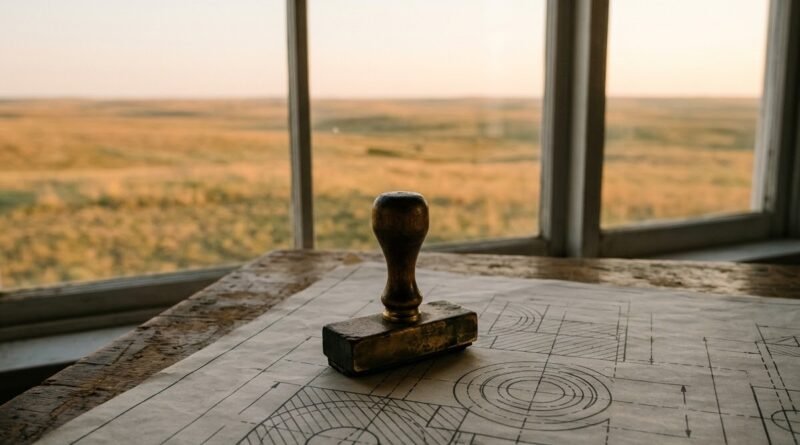 Approval stamp on a technical blueprint beside a prairie window, representing NRC advanced reactor licensing