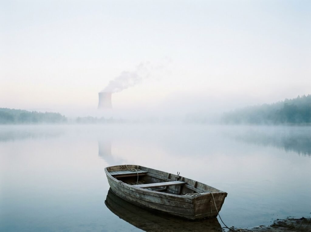 Wooden rowing boat on a misty Czech lake with a distant cooling tower, representing Temelín SMR environmental review