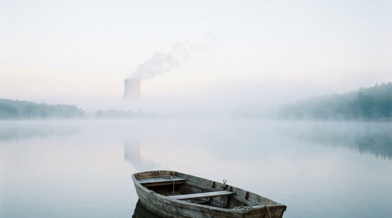 Wooden rowing boat on a misty Czech lake with a distant cooling tower, representing Temelín SMR environmental review