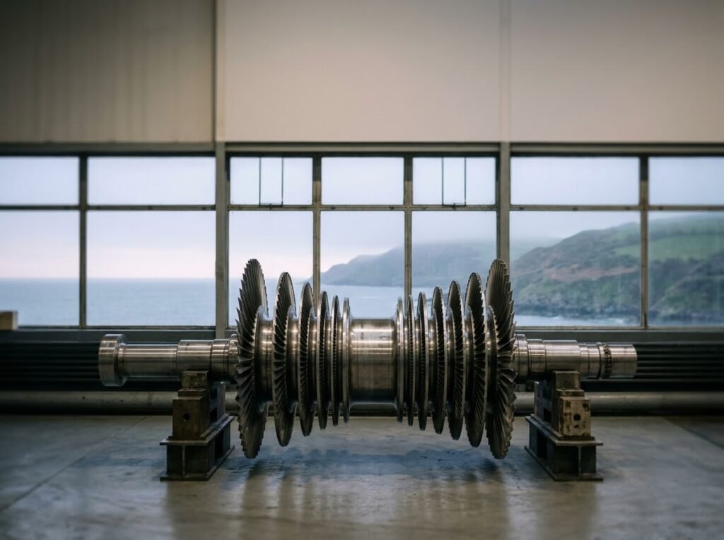 Wylfa SMR site on the Anglesey coast with turbine hall components, representing Project Gwyndod