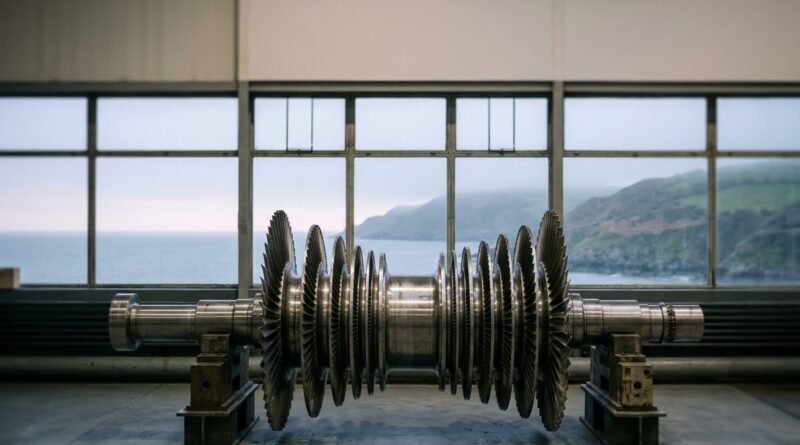 Wylfa SMR site on the Anglesey coast with turbine hall components, representing Project Gwyndod