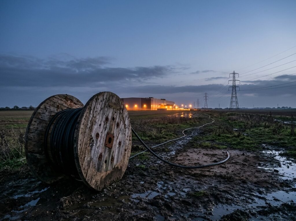 Large wooden cable drum in a muddy Essex field with a black power cable that stops short of a distant lit data centre, beside electricity pylons at dusk